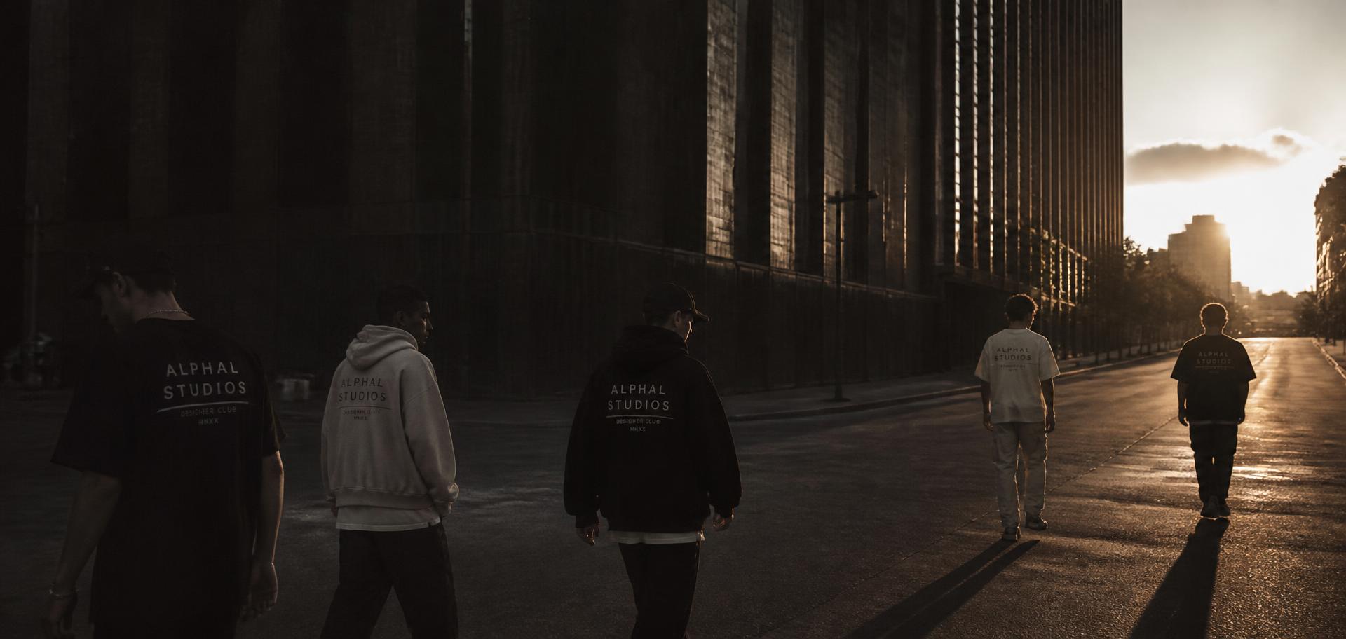Grupo con streetwear FLOW LIMPIOL cruzando la ciudad al atardecer